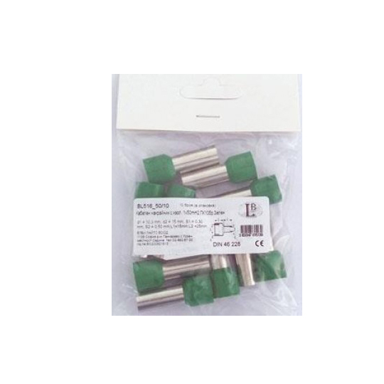 Пакет Кабелен накрайник с изолация единичен за кабел 1×50 мм2 зелен на производител LB Light. - Кабелни накрайници, с изолация