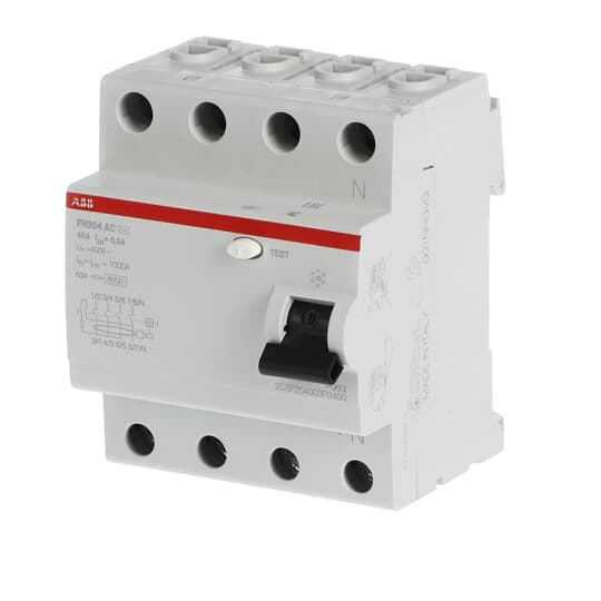 Дефектнотокова защита 40А от серията Compact Home модел FH204 АC-40/0.3 с място за свързване на захранващ гребен или проводник до 10 mm2 на производител ABB. - Дефектнотокова защита, Ел апаратура