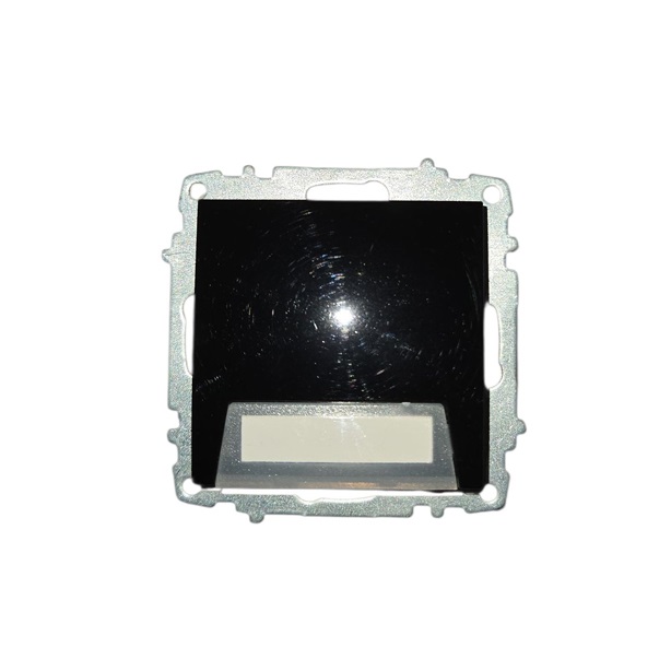 Звънчев бутон ELBI Zena Platin черен с етикет, 10A 250V, за скрит монтаж. Стилен и практичен избор, съвместим с рамките от серията Zena Platin.