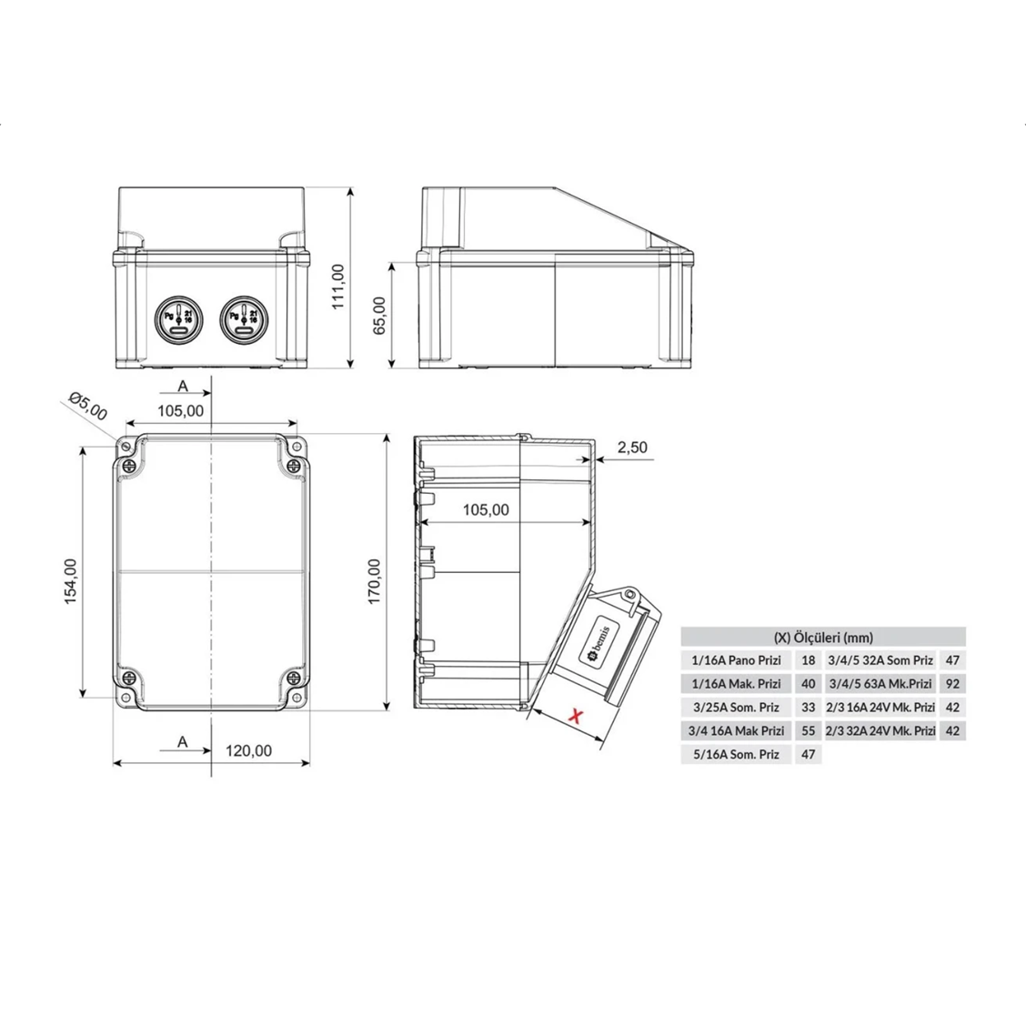 размери Разклонителна кутия Bemis 120х170х110 открит монтаж IP44