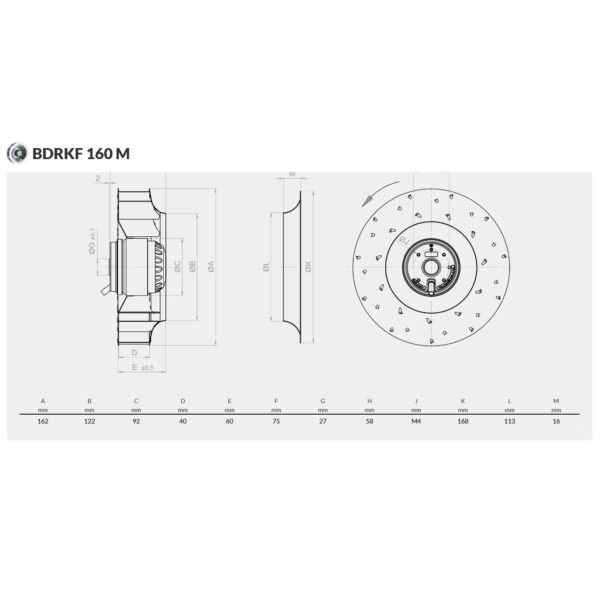 Чертеж размери на Центробежен вентилатор BACKWARD CURVED BVN 65W BDRKF_160
