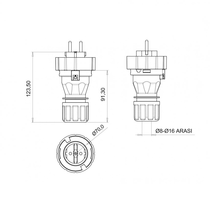 размери Прав щепсел Bemis 16A 220V 2P+E водоустойчив IP68 BS1-1402-7011