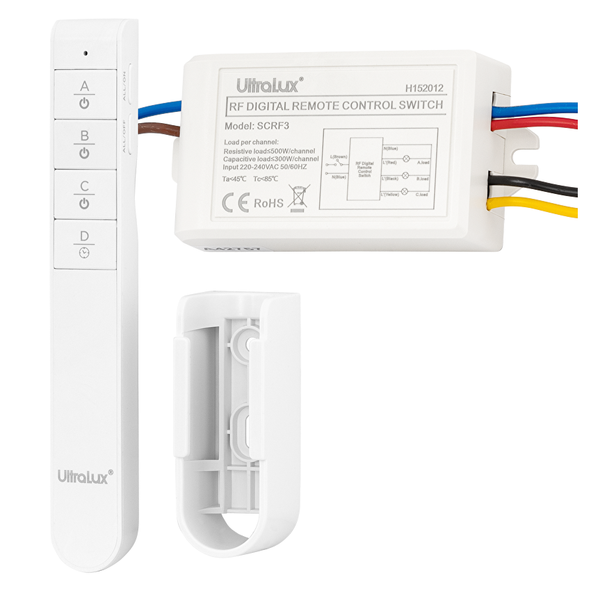 Триканален ключ с RF дистанционно управление 220V AC, IP20